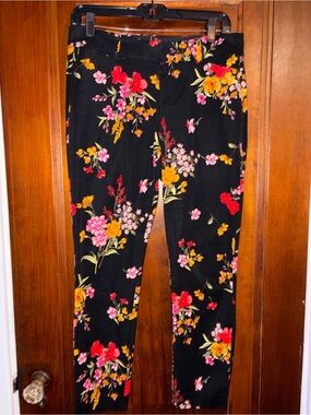 Old Navy Black Floral Skinny Pants with Yellow and Pink Blooms